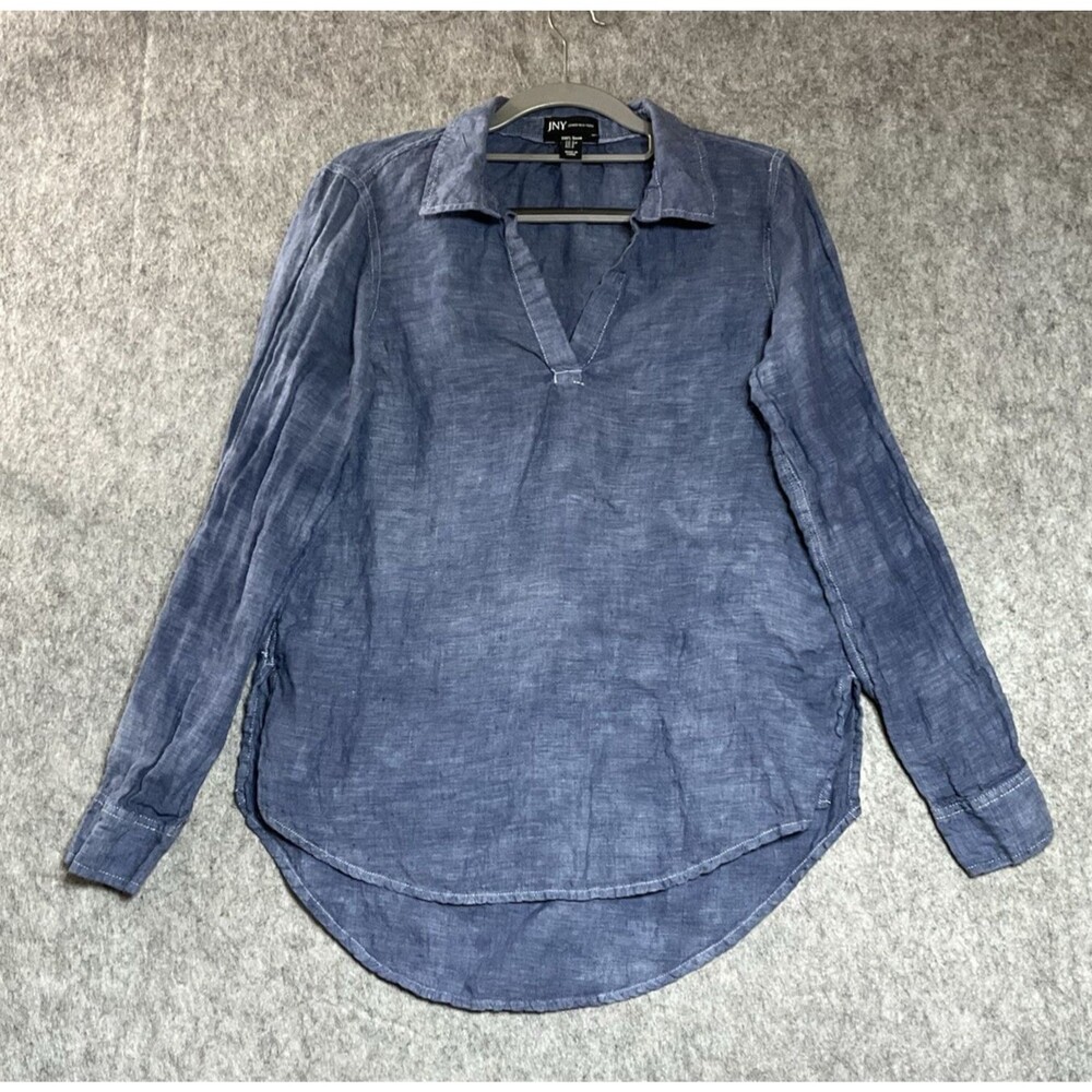 JNY Handcrafted Shirt Womens Small Blue Linen Hand Dye Wearable Art Boho Top